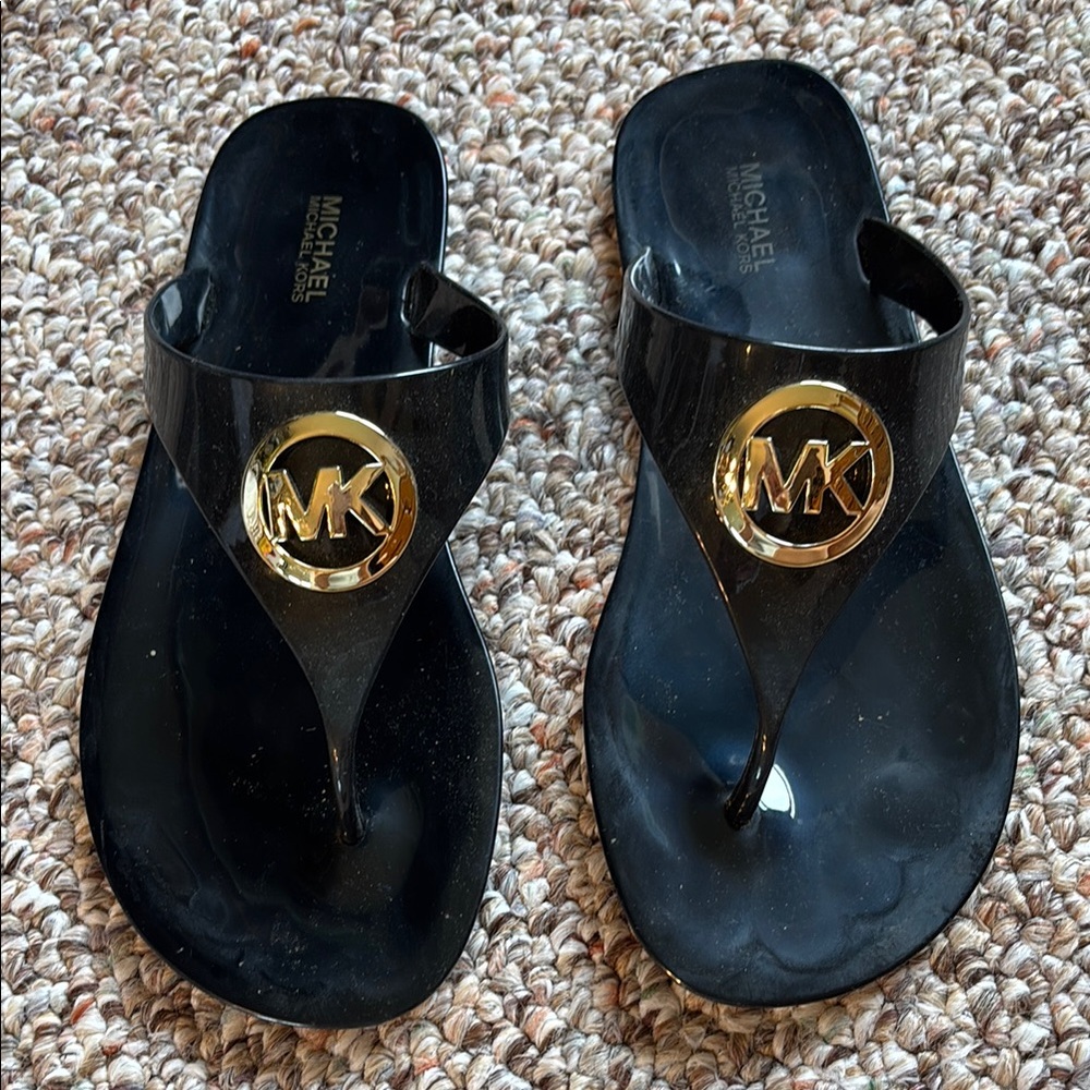 Michael Kors Glossy Black Sandals with Gold Logo